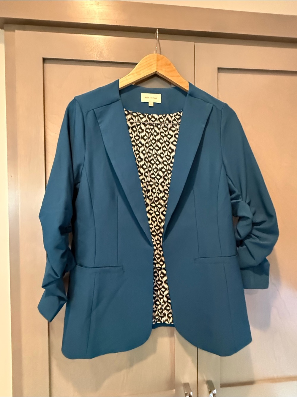Skies Are Blue Teal Open-Front Blazer with Patterned Lining